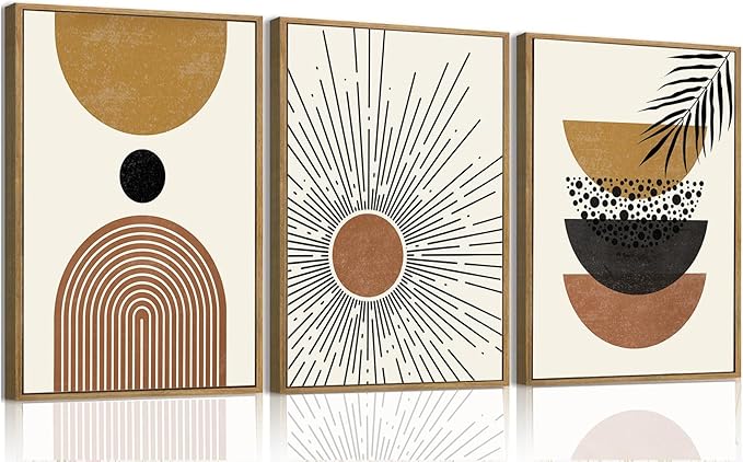 Bwodke Boho Wall Art, Framed Abstract Sun Wall Art, Neutral Canvas Wall Decor, Mid Century Geometric Line Pictures Set of 3, Minimalist Paintings, for Bedroom Living Room Bathroom 16"x24"