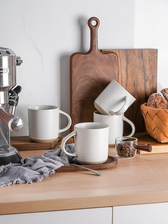 Kanwone Coffee Mugs 16oz, Stoneware Mugs Set, Ceramic Coffee Cups with Handle for Latte, Hot Tea, Cappuccino, Cocoa, Housewarming Wedding Gift, Microwave and Dishwasher Safe, Set of 6, Neutral White