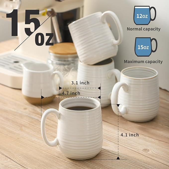 Hasense Coffee Mugs, 12 Ounce Ceramic Coffee Cups Set of 4, Latte Mug with Handle for Milk, Cocoa, Cappuccino, Tea Cup for Wedding Gift, Dishwasher Microwave Safe, Clay-Infused White