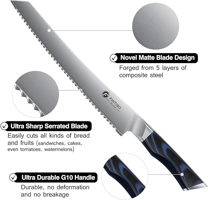 FINTISO Bread Knife 10 Inch, Serrated Bread Cutter with Razor Sharp Japanese High Carbon Stainless Steel Blade & G10 Ergonomic Handle, Wavy Edge Knife for Bread, Cake & Pastries, Ideal Baking Gift