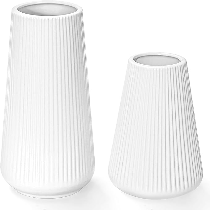 White Ceramic Vase, GUKJOB Small Cute Flower Vase for Pampas Grass, Home, Living Room, Dining Table, Farmhouse, Office Decor, Bedroom, Table, and Kitchen Shelf (White- 2PCS)