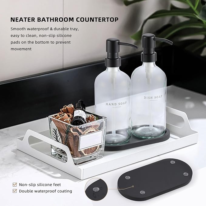 Glass Soap Dispenser - Dish Soap Dispenser for Kitchen, Hand Soap Dispenser Set, Bathroom Soap Dispenser with 304 Rust Proof Pump, Soap Dispenser for Kitchen with Tray, Clear Bottle/Black Pump