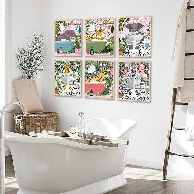 Funny Cute Canvas Art Wall Prints Set of 6, Kids Bathroom Decor Wall Art with Elephant, Zebra, Tiger Animal Pictures, Modern Humor Animals Bathroom Decor