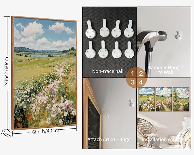 Tinonedraw Rustic Landscape Framed Canvas Wall Art Triptych, Blue and White Wall Decor, Vintage Botanical Floral Artwork, Modern Country Nature Farmhouse Art Prints for Living Room Bedroom 16"x24"x3