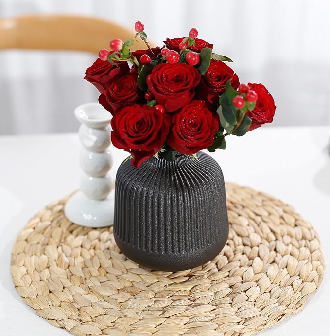 Black Ceramic Vase Set of 2, Modern Decor, Neutral Vases for Home Decor Boho Decor, Vases for Kitchen, Bedroom, Office, Living Room & Bathroom, Shelf Decor, Centerpiece Table,Mantel (Matt Black)