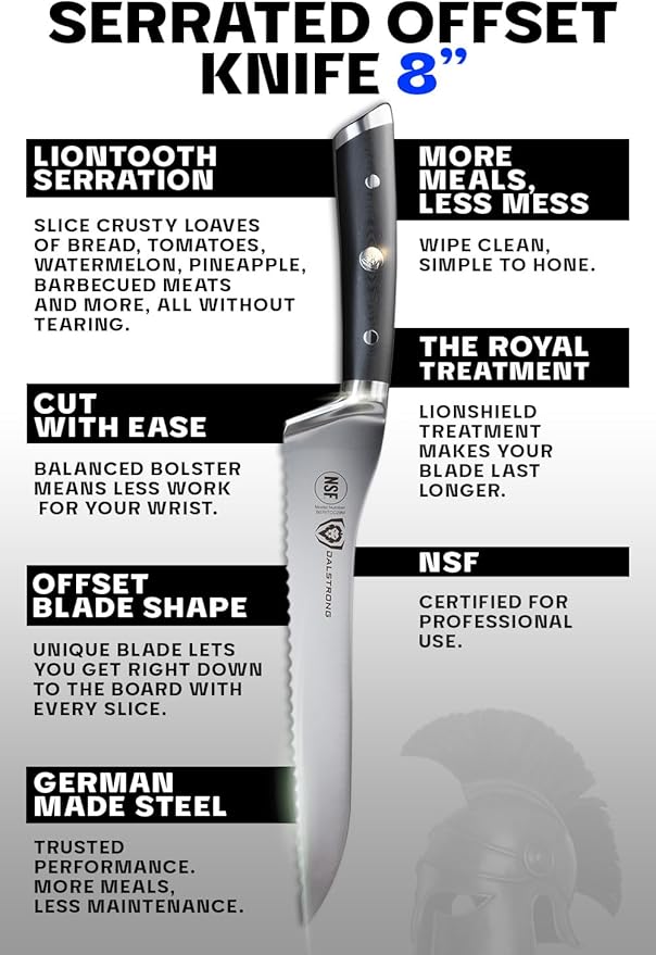 Dalstrong Serrated Offset Bread Knife - 8 inch - Gladiator Series Elite - Deli Knife - Forged German High-Carbon Steel - Bread Slicer - Slicing Knife - G10 Handle - Sheath - NSF Certified