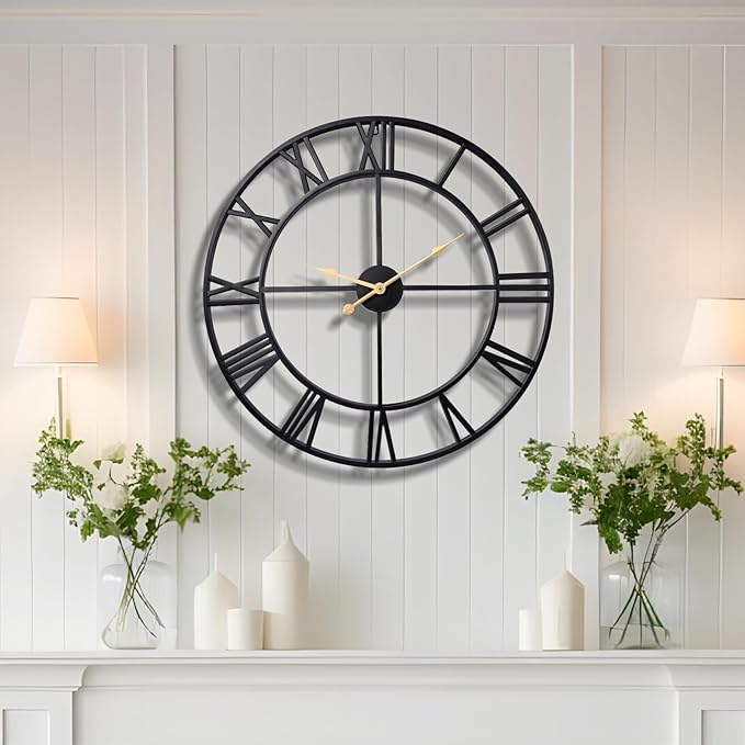 Vantic 24 Inch Large Wall Clock, Roman Numeral Metal Oversized Wall Clocks for Living Room Decor, Bedroom and Kitchen, Completely Silent, Non Ticking, Battery Operated