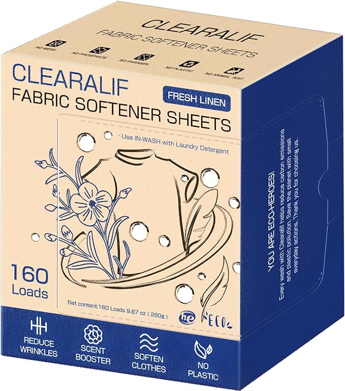 CLEARALIF laundry Fabric Softener Sheets, Fresh Linen Scent, 160 Loads, Eco Friendly, Great For Travel, Apartments, Dorms.