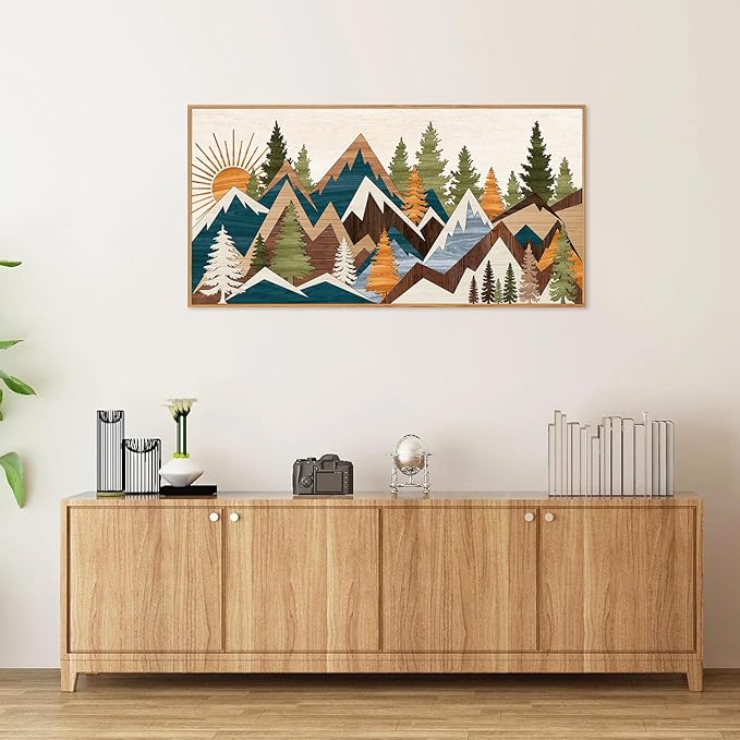 Tinonedraw Large Metal Mountain Framed Canvas Wall Art, Boho Rustic Sunrise Forest Wall Decor, 3 Piece Vintage Nature Artwork, Modern Wilderness Art Print for Living Room Bedroom Office 20"x40"