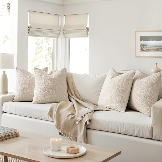 MIULEE Pack of 4 Decorative Textured Boucle Throw Pillow Covers 18x18 Inch Beige Accent Solid Pillow Cases Soft Couch Cushion Covers for Modern Farmhouse Boho Chair Sofa Bed Livingroom Home Decor