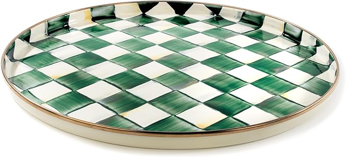 MACKENZIE-CHILDS Enamel Round Tray, Unique Serving Platter for Food and Drinks, Green-and-White Emerald Check