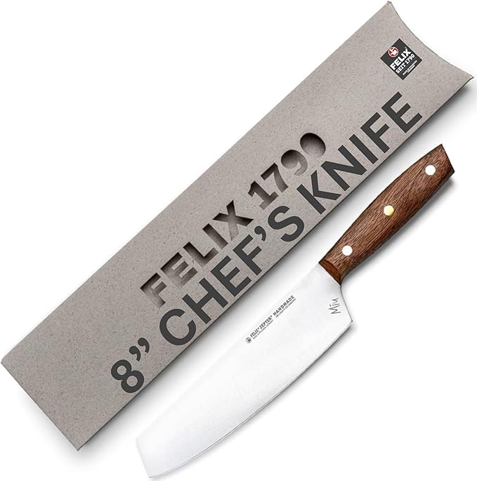 Zepter Felix MIU Chef Knife, 8in long global kitchen knife. Butcher knife for meat cutting, vegetable&bread slicing. Chef's walnut handle, sharp carbon steel, handmade Germany cooking tools est. 1790