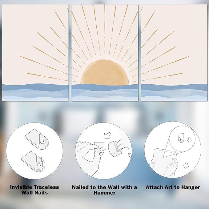 Boho Minimalist Wall Art Set of 3, Framed Canvas Prints - Geometric Line Sunrise Designs, Modern Neutral Wall Art for Living Room, Bedroom, Bathroom, Office, Hotel