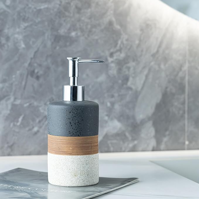 Dish Soap Dispenser Set with Silicone Funnel, Hand Soap, Shampoo, Body Wash, Ceramic Liquid Soap Dispenser for Kitchen and Bathroom Countertops, Stainless Steel Pump, Non Slip, 12 Oz, Black