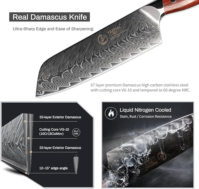 YARENH Santoku Knife 7 Inch, 67-Layer Damascus Steel Chef Knife, Sharp Long-Lasting Sharpness, Rust-Resistant, Kitchen Knife for Professional and Home Use