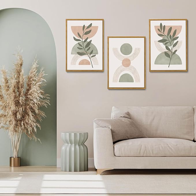 Bwodke Boho Wall Art, Framed Abstract Wall Art, Green Botanical Neutral Canvas Wall Decor, Large Mid Century Plant Pictures Set of 3, Modern Minimalist Paintings, for Bedroom Living Room Bathroom