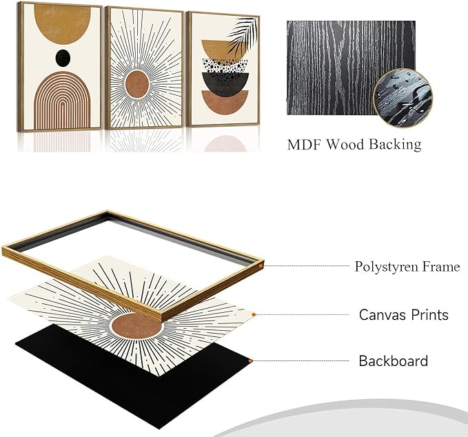Bwodke Boho Wall Art, Framed Abstract Sun Wall Art, Neutral Canvas Wall Decor, Mid Century Geometric Line Pictures Set of 3, Minimalist Paintings, for Bedroom Living Room Bathroom 12"x16"