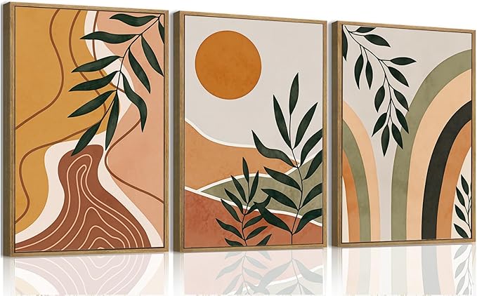 Bwodke Boho Wall Art, Framed Abstract Sun Wall Art, Botanical Canvas Wall Decor, Mid Century Line Leaf Geometric Pictures Set of 3, Minimalist Paintings, for Bedroom Living Room Bathroom 12"x16"
