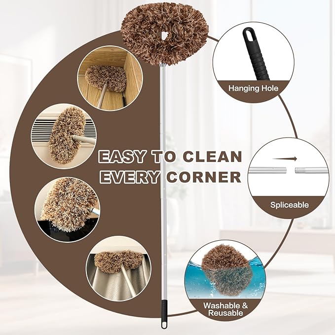 Ceiling Fan Cleaner Duster Reusable Microfiber Ceiling Fan Blade Cleaner Removable Duster with Extension Pole Adjusts 13 to 49.7 Inch for Cleaning Walls Furniture Door Window Top (Beige Brown)