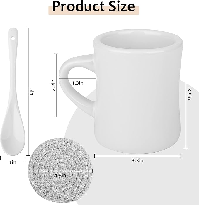 11oz Ceramic Diner Coffee Mug set Stoneware Coffee Cups Set for Restaurant, Diner, Farmhouse, Coffee Shop, Home set of 4 with Coffee spoons and Woven coasters (white)