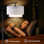 Arc Floor Lamp for Living Room,Farmhouse Floor Lamps with Remote Control & Dimmable Bulb,White Rattan Boho Tall Standing Lamp for Bedroom Office