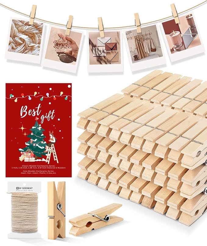 Mini Clothespins, Mini Clothes Pins for Photo, 100 Pack Wooden Small Clothes Pin with 32 FT Jute Twine String, Tiny Decorative Clothespin for Little Baby Shower Photos Clips Pictures Crafts Display