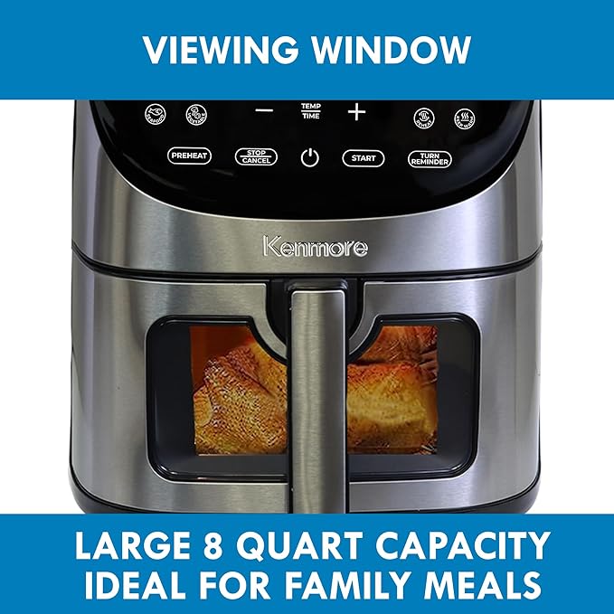 Kenmore 8 Quart Air Fryer - Aerogrill, Non-Stick Frying Basket, French Fry, Digital Touch Screen, 12 Presets, Freidora Eléctrica, Countertop Cooking Kitchen Appliance, Stainless Steel, Black
