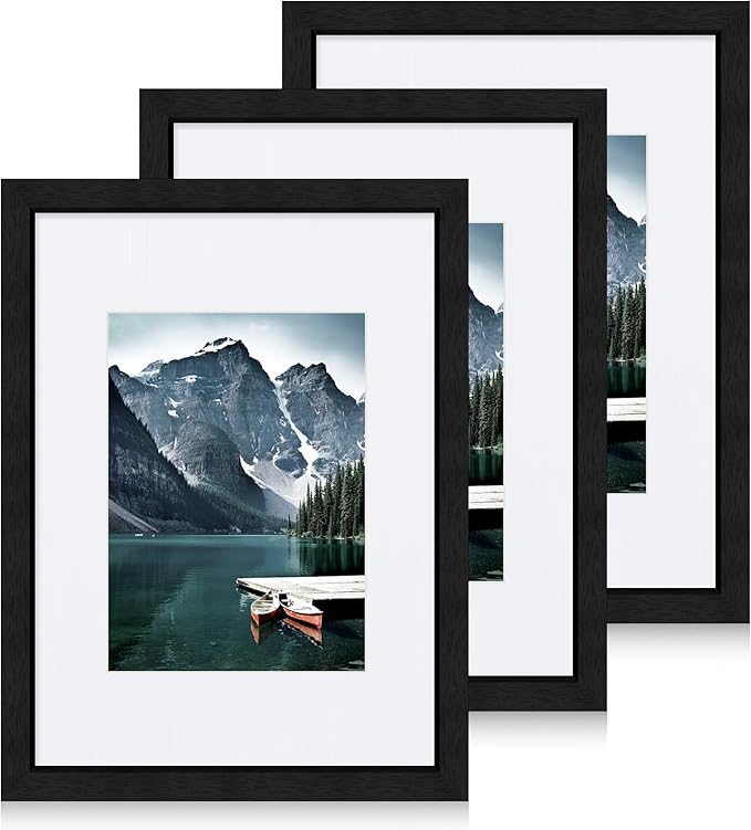 9x12 Black Picture Frames set of 3, Made of Wooden and Glass Photo frame - Displays Picture 6x8 with Mat or 9 x 12 without Mat, Desktop & Wall Collage Frame set