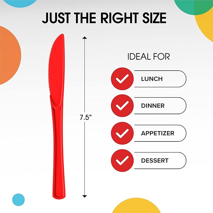 Party Solids Red Plastic Knives 200 Pieces Red Knives Disposable Utensils Heavy Duty Plastic Cutlery Set Disposable Cutlery Sets Flatware Sets Silverware Set Party Supplies & Party Tableware