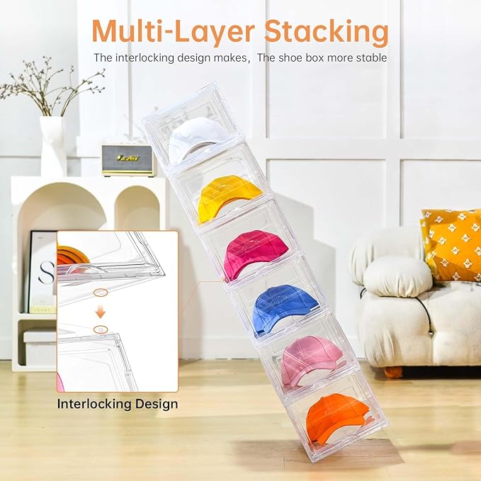 2 Pack Hat Organizer for Baseball Caps,Large Clear Cap Organizer with Drawer,Hats Holder Box for Closet with Sliding Tray,Stackable Hat Rack Display Case,Multi-use Hat Case for Caps,Each Holds 12 Hats
