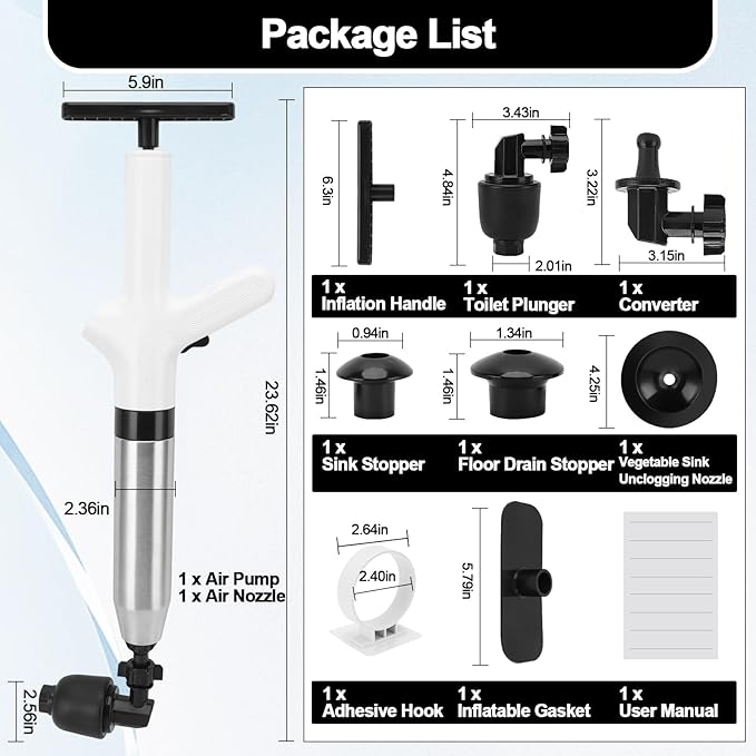 Toilet Plunger Drain Clog Remover, High Pressure Air Drain Remover Tool with Real-Time Barometer, Stainless Steel Clog Toilet Cleaner for Bathroom Kitchen Commercial Floor Sink(White)