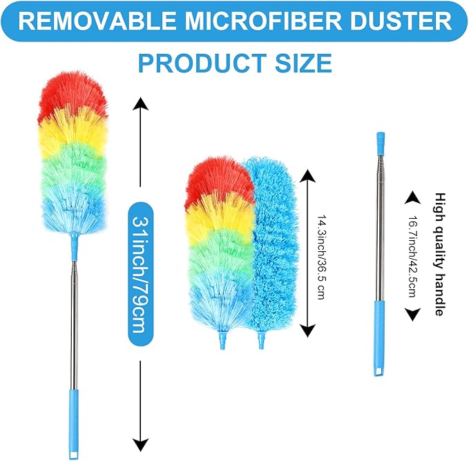 Rainbow Extendable Static Duster Reusable Microfiber Duster with 100" Telescoping Pole, Beandable and Washable Dusters Head for Cleaning Ceiling, Fan, Furniture