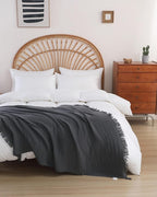 100% Cotton Muslin Throw Blanket for Bed, Couch, Small, Decorative, Soft, Pre-Washed, Breathable and Lightweight Gauze Blanket with Tassels, Suitable for All Seasons, Dark Grey, 50"x60"
