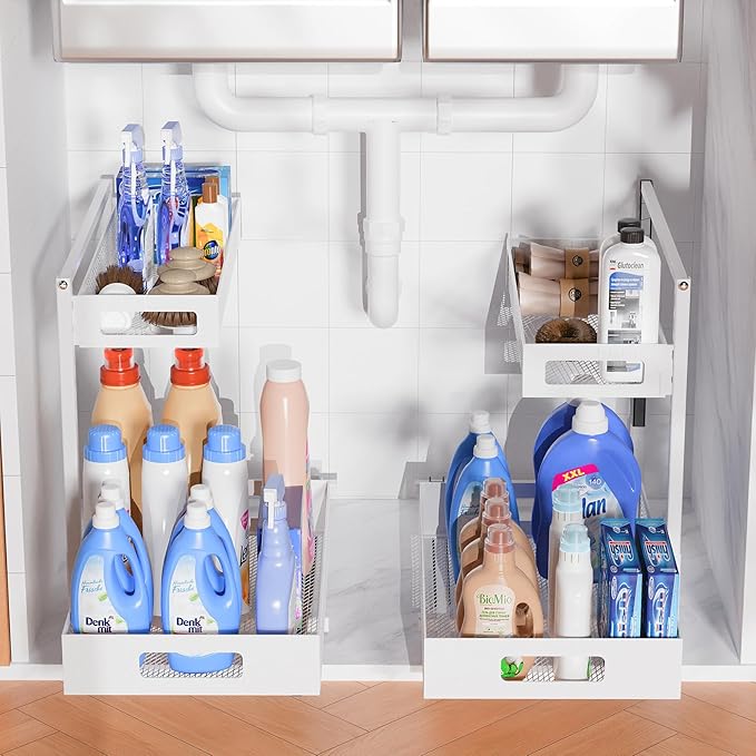 Full Metal Under Sink Organizer, Pull Out Cabinet Organizers and Storage, Silk-Smooth Sliding Drawer for Kitchen, Bathroom, Pantry, Cabinet, Closet (White, 2 Pack)