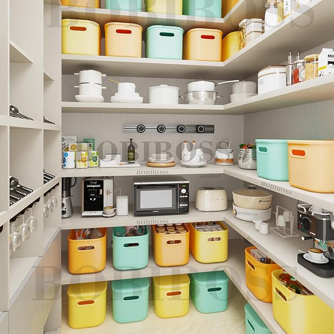 8 Pack Colorful Storage Bins for Shelves, Plastic Storage Containers for Organizing, Stackable Storage Boxes with Handle, Colored Storage Bins for Classroom, Craft, Snacks, Cabinet, 9.7x6.7x5.7 inch