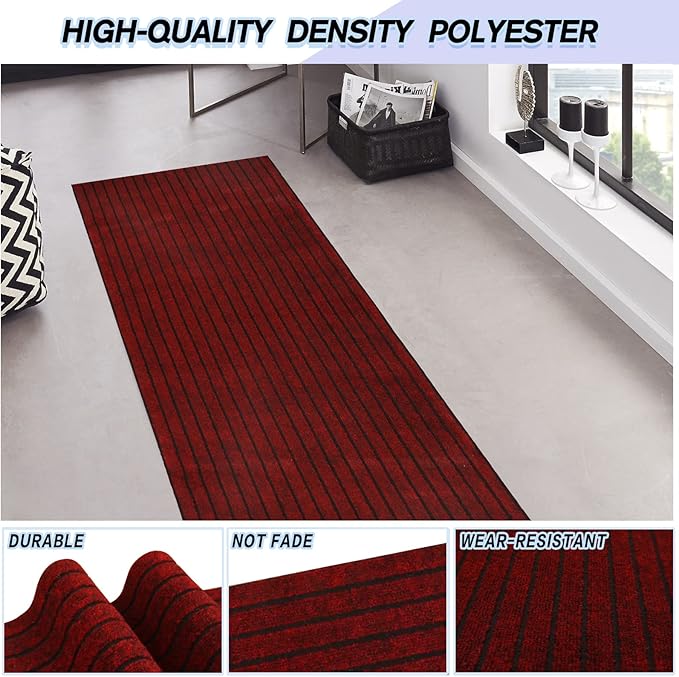 Custom Size Backed Non-Slip Area Rugs Runner, Easy Clean, Waterproof Runner Rugs for Hallway Entryway, Kitchen, Laundry, 2FT x 68FT, Red Stripe