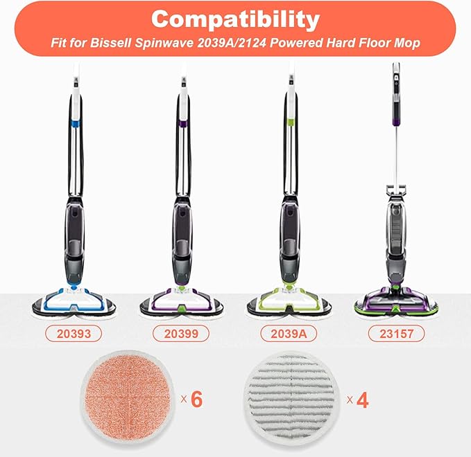 Replacement Pads for Bissell Spinwave Mop: 10 Pads for Bissell Spinwave,Spin Wave,Crosswave Expert/Pet/Cordless Hard Floor 2124 20393 2039a 20399 2039w 23159 23157 Spin Mop Cleaner Scrub Scrubber Pads