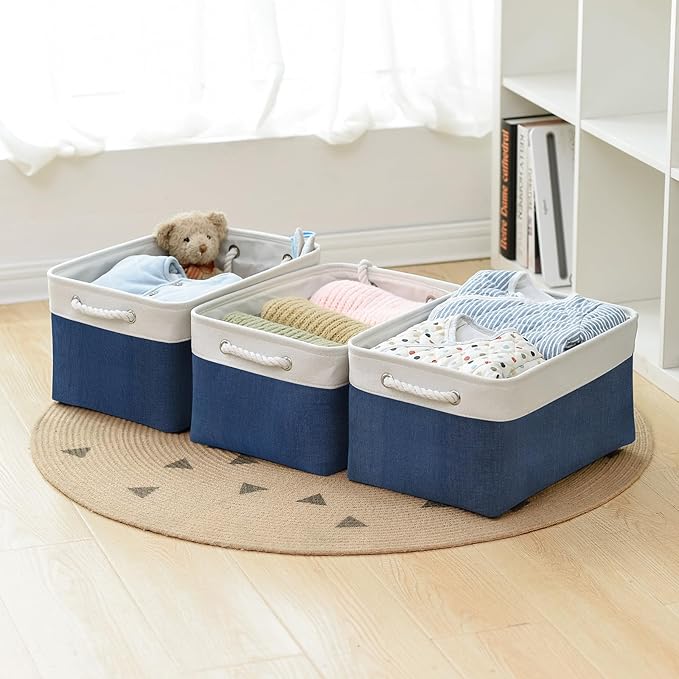 Organization and Storage Basket for Shelves - 16x12x8 inch Large 3 Pack Canvas Storage Bin Collapsible Baskets for Organizing, Fabric Storage Cubes for Cloth Laundry (White&Deep Blue)