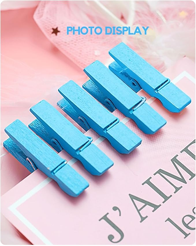Clothes Pins Mini Clothespins Blue - 100 PCS Wooden Paper Photo Clips Tiny Colored Small Clothespins for Pictures with Jute Twine, Ideal for Baby Shower, Crafts, Home Office Decoration