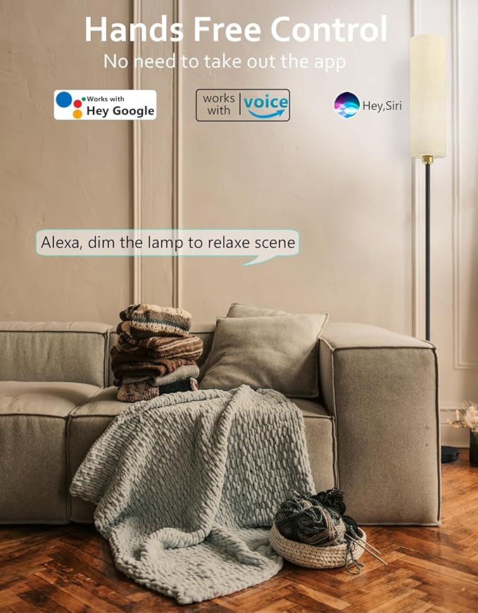 Smart Floor Lamp Works with Alexa & Google Home, Color Changing Stepless Dimmable for Living Room, Modern Standing WiFi Lamps with Remote, Minimalist Pole Lamp Tall Lights for Bedroom, Office-Black