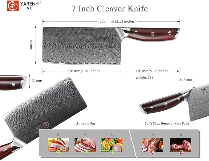 YARENH Chinese Cleaver Knife 7 Inch - Damascus Chef Knife for Kitchen, 67 Layers High Carbon Stainless Steel, African Sandalwood Handle, Sharp, Durable, Rust Resistant, Gift Box