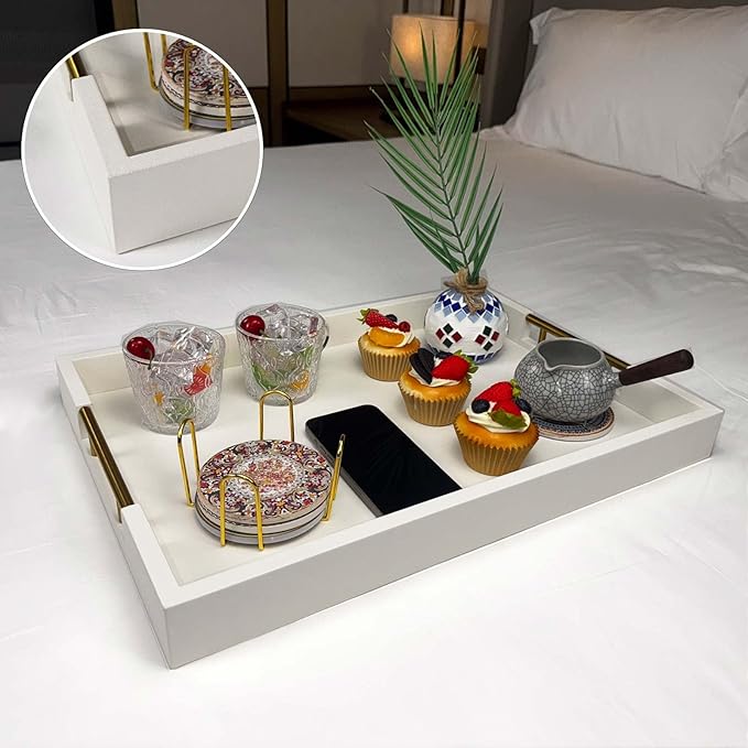 14x20 Inches White Faux Leather Wrapped Wood Serving Tray with Metal Handles for Various Occasions, Ottoman, Home Decor Decorative, Living Room, Coffee Table Organizer, Serving Breakfast On Bed