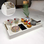 14x20 Inches White Faux Leather Wrapped Wood Serving Tray with Metal Handles for Various Occasions, Ottoman, Home Decor Decorative, Living Room, Coffee Table Organizer, Serving Breakfast On Bed