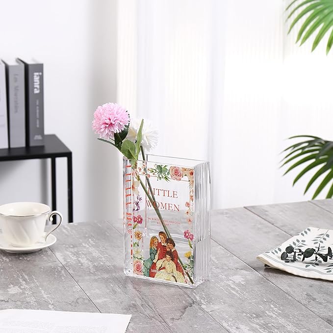 Book Vase for Flowers, Glass Book Vase, Book Flower Vase, Clear Book Vase, Book Shaped Vases, A Book About Flowers Vases for Bedroom, Living Room, Office, Bookshelf (Women)