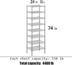 18" Deep x 24" Wide x 74" Height Wire Shelving Kit | 8-Tier | NSF Commercial Storage Rack Unit