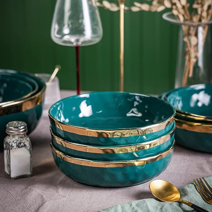 Stone Lain Florian 4-Piece Round Pasta Bowl Set, Green with Gold Rim