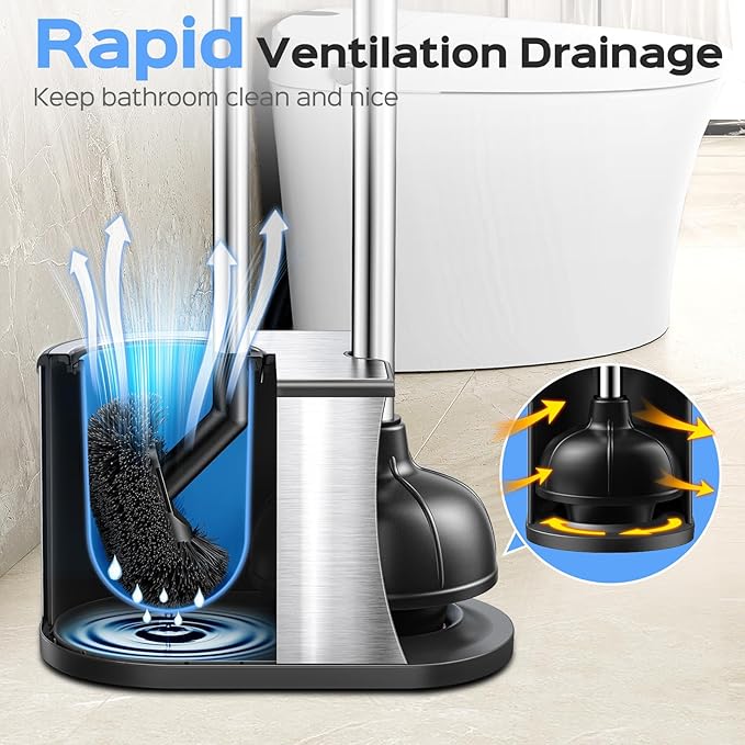 HAMITOR Toilet Plunger and Brush Set: 2 in 1 Stainless Steel Rustproof Combo with Deep Cleaning Curved Bristles - Heavy Duty Toilet Unclogging for Family Bathroom - Compact Apartment Accessories