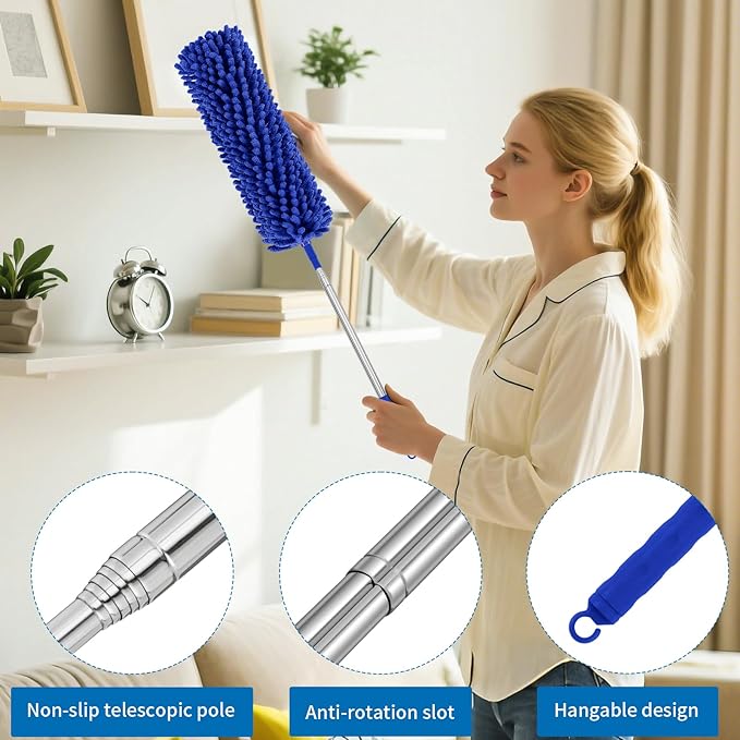 4PCS Dusters for Cleaning, Extendable Microfiber Duster with Extension Pole Up to 100'', Bendable Washable Cleaner Dusters for Cleaning Fan, High Ceiling, Blinds, Furniture, Car
