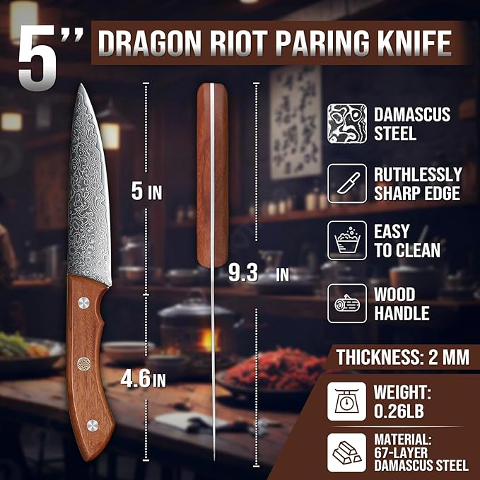 DRAGON RIOT Damascus Paring Knife 5 inch, VG-10 Damascus Steel Fruit Knife, Japanese Peeling Knife with Ergonomic Wood Handle, Multipurpose Kitchen Knife for Cutting Fruit Vegetables