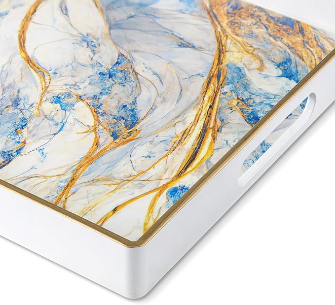 MAONAME Rectangular Decorative Tray, Modern White Serving Tray with Handles, Marbling Plastic Trays for Ottoman, Coffee Table Trays for Living Room, Home Decor, 15.8" x 11.8" x 1.6"